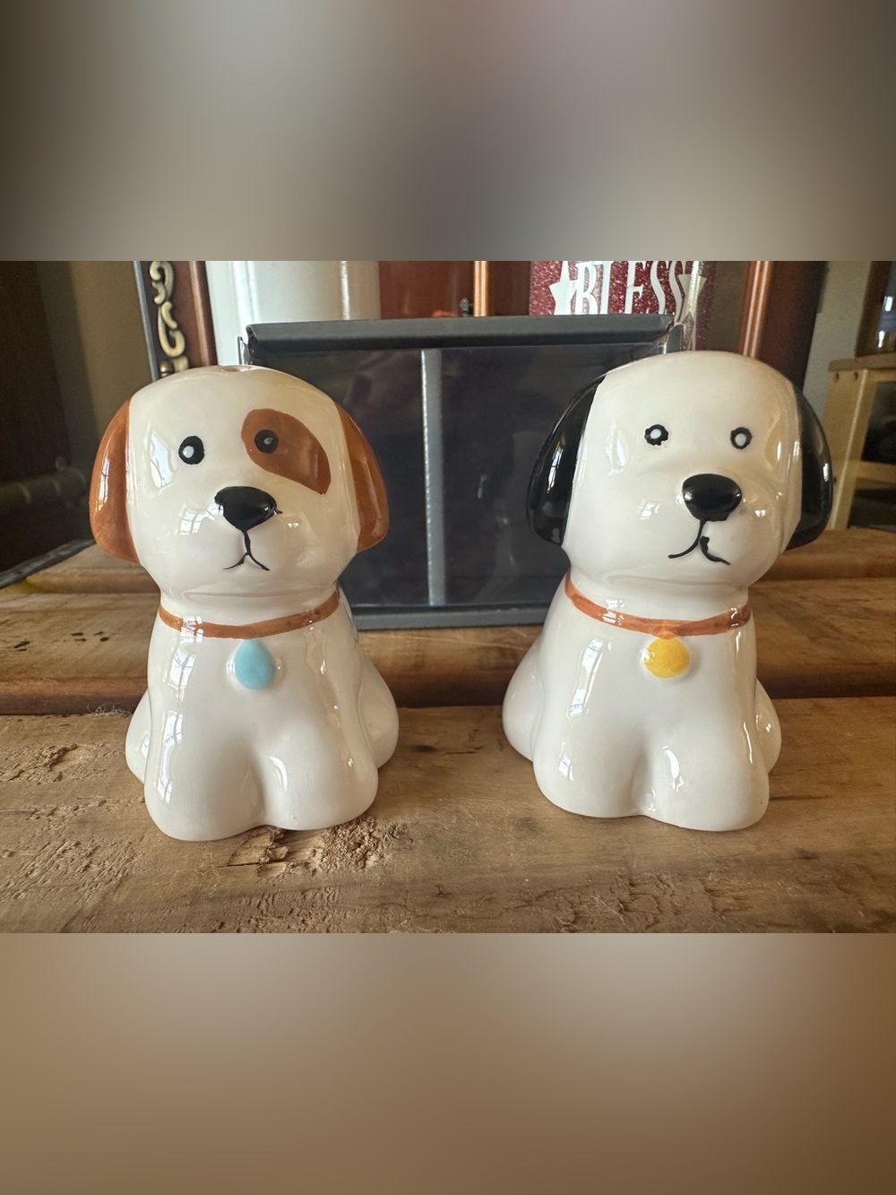 Ceramic Dog Salt and Pepper Shakers - White with Brown and Black Accents